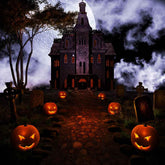 Dark Castle Pumpkins Beside Road Halloween Holiday Photo Backdrop Shopbackdrop